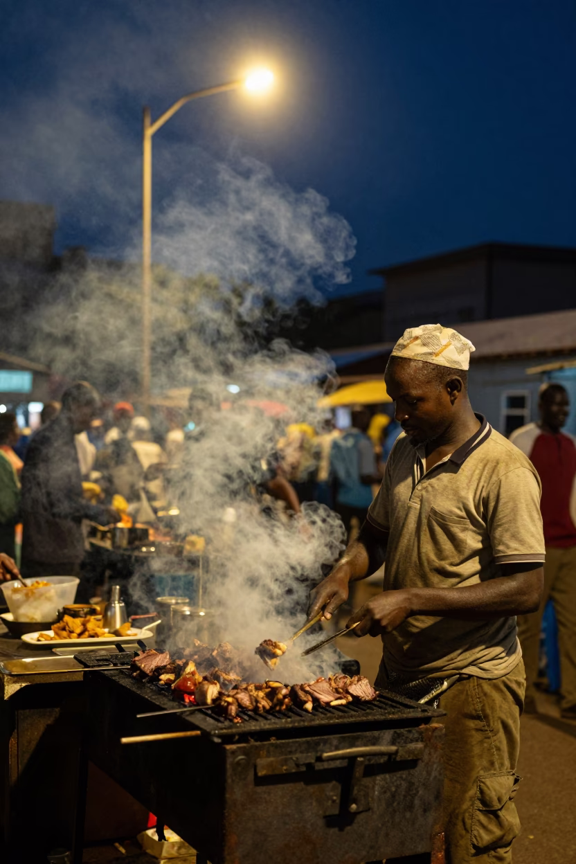 Street Vendor Cooking Nyama Choma Under Deep Night Sky in Nairobi Kenya in in Nairobi, Kenya