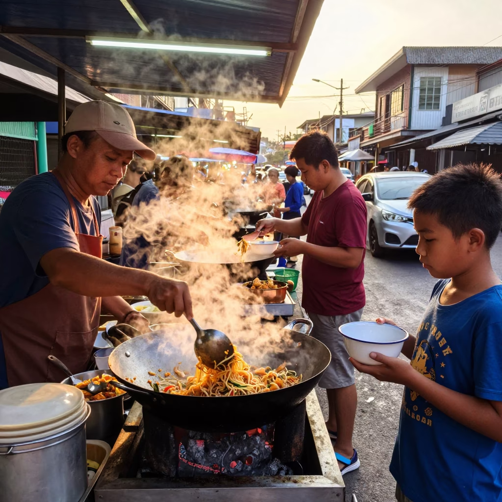 Street Vendor Cooking Pad Thai in Bangkok Late Afternoon in in Bangkok, Thailand