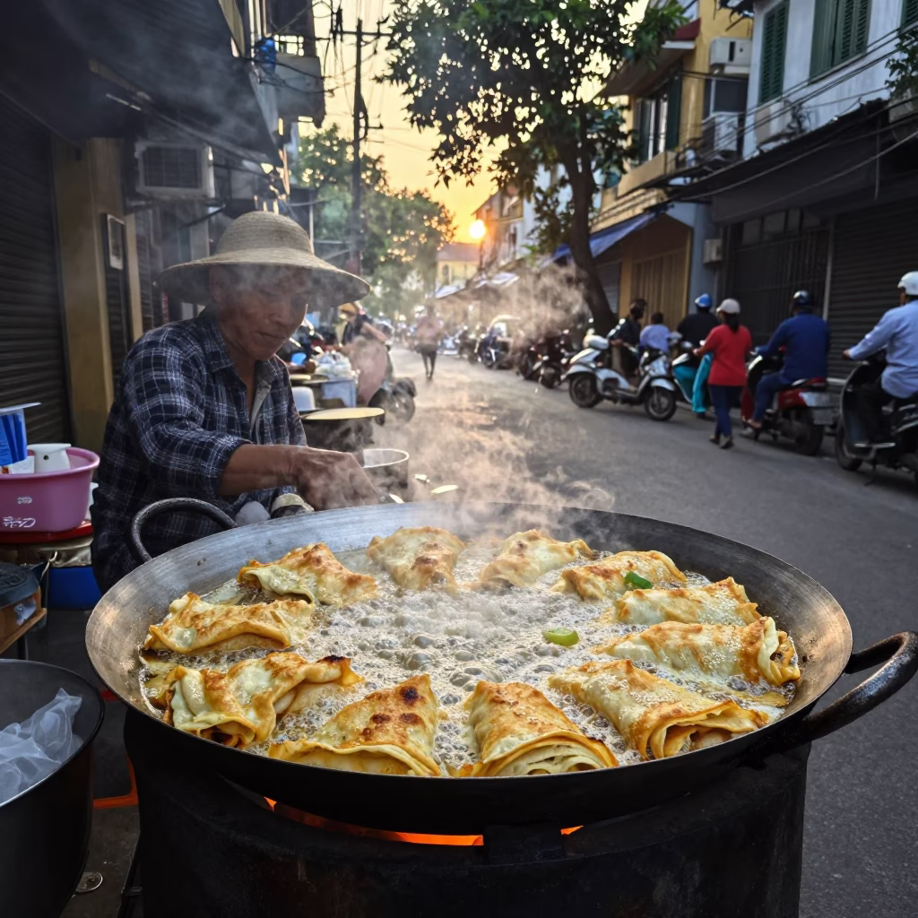 Street Vendor Cooking Sizzling Banh Xeo in Hanoi Vietnam at Dawn in in Hanoi, Vietnam