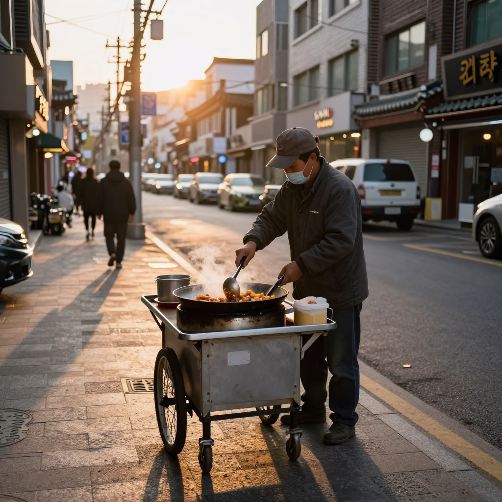 Street Vendor Cooking Skillet in Seoul at Sunset with Metal Stools in in Seoul, South Korea