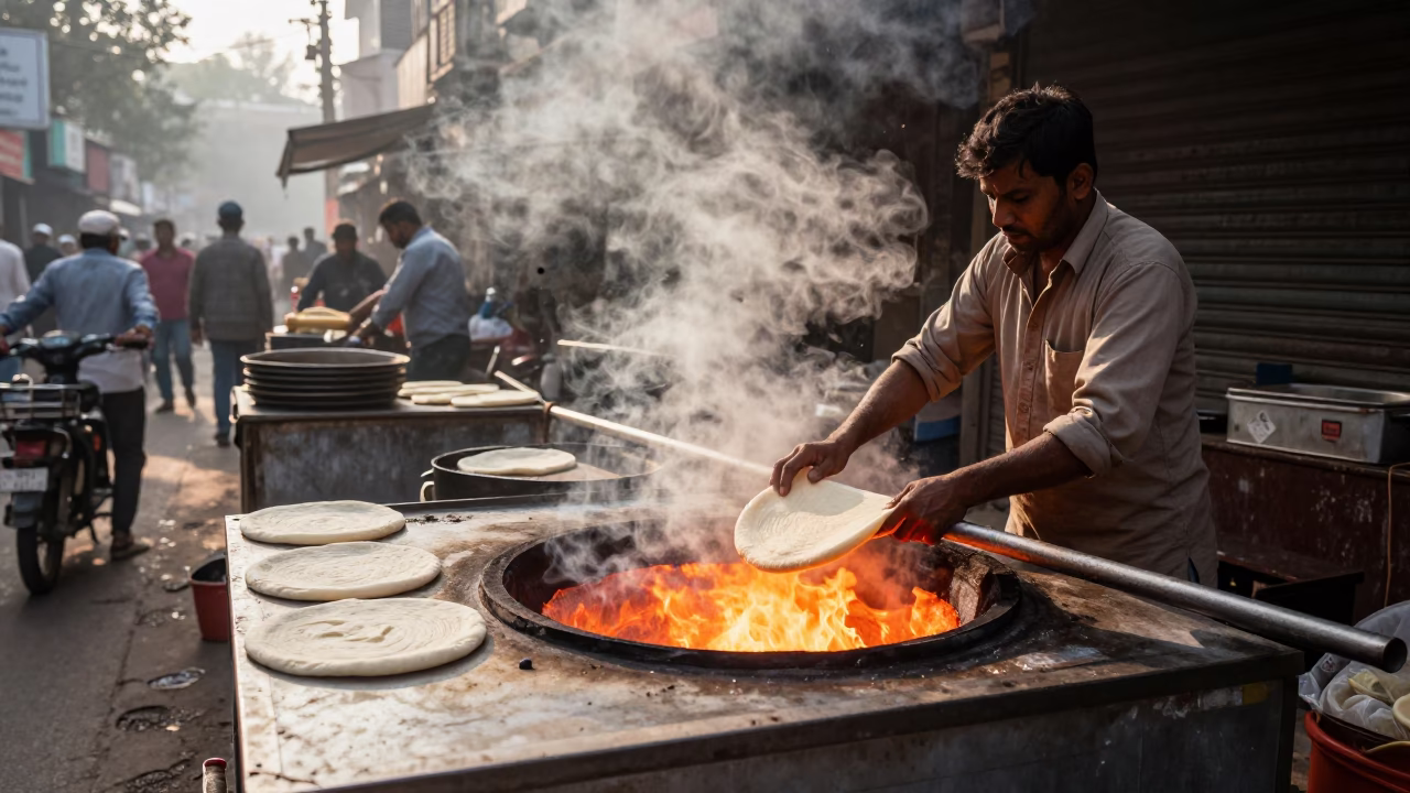 Street Vendor Cooking Tandoor Bread in Delhi India Just After Sunrise in in Delhi, India