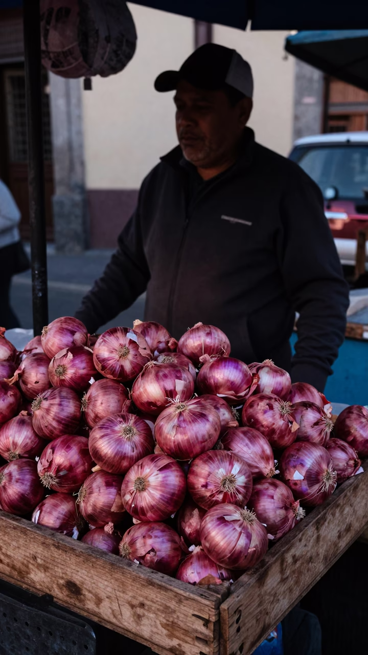 Street Vendor Display of Fresh Onions at Nautical Dawn in Mexico City in in Mexico City, Mexico