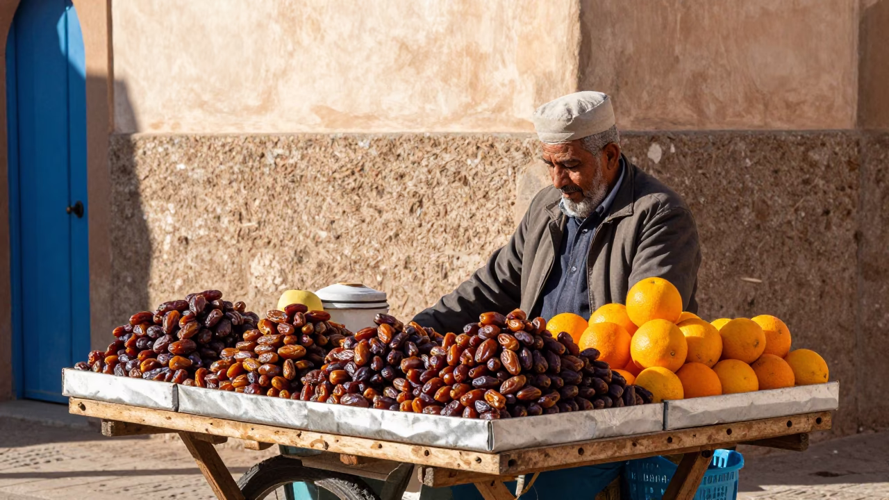 Street Vendor Displaying Fresh Dates and Fruit in Essaouira Morocco Late Morning in in Essaouira, Morocco