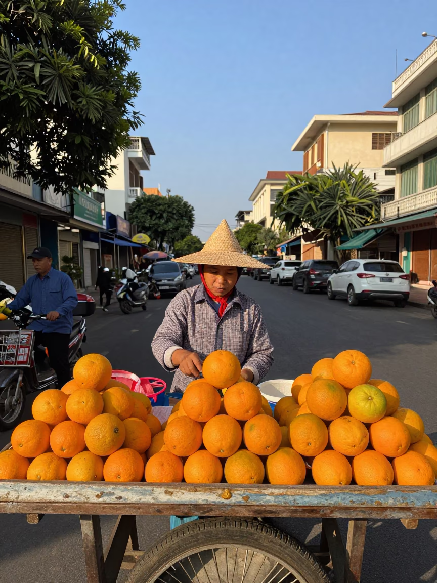 Street Vendor Displaying Fresh Oranges in Late Afternoon Saigon Light in in Ho Chi Minh City, Vietnam