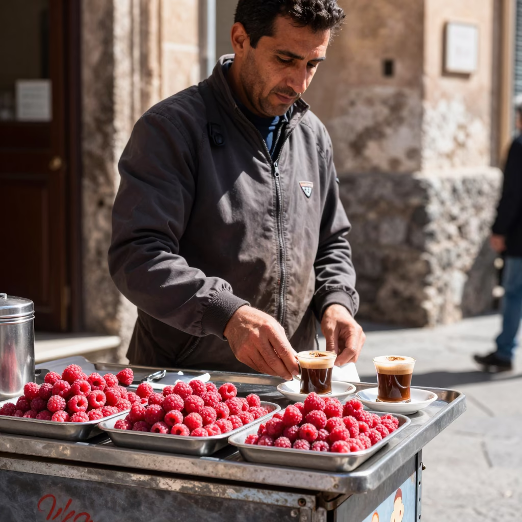 Street Vendor Displaying Turkish Coffee and Raspberries in Bright Midmorning Palermo Italy in in Palermo, Italy