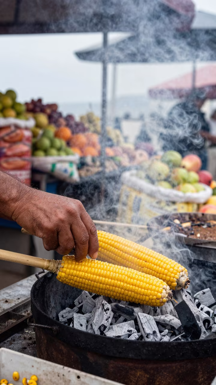Street Vendor Grilling Corn on Charcoal in at a roadside fruit stand in Antalya