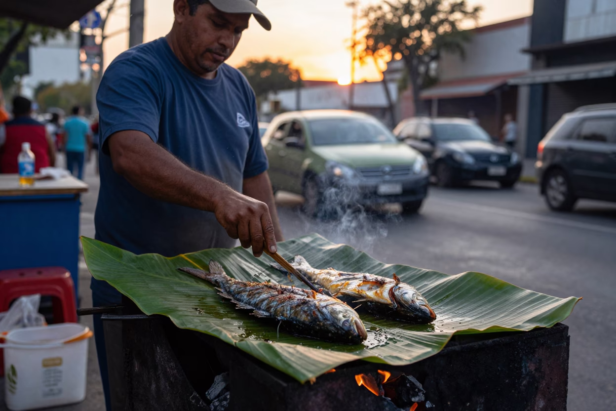 Street Vendor Grilling Fish on Banana Leaf in Buenos Aires at Sunset in in Buenos Aires, Argentina