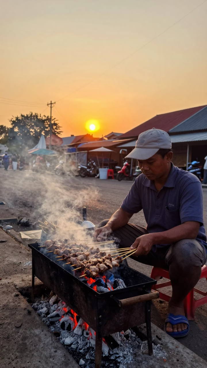 Street Vendor Grilling Kebab Over Coals in Yogyakarta Indonesia at Sunset in in Yogyakarta, Indonesia