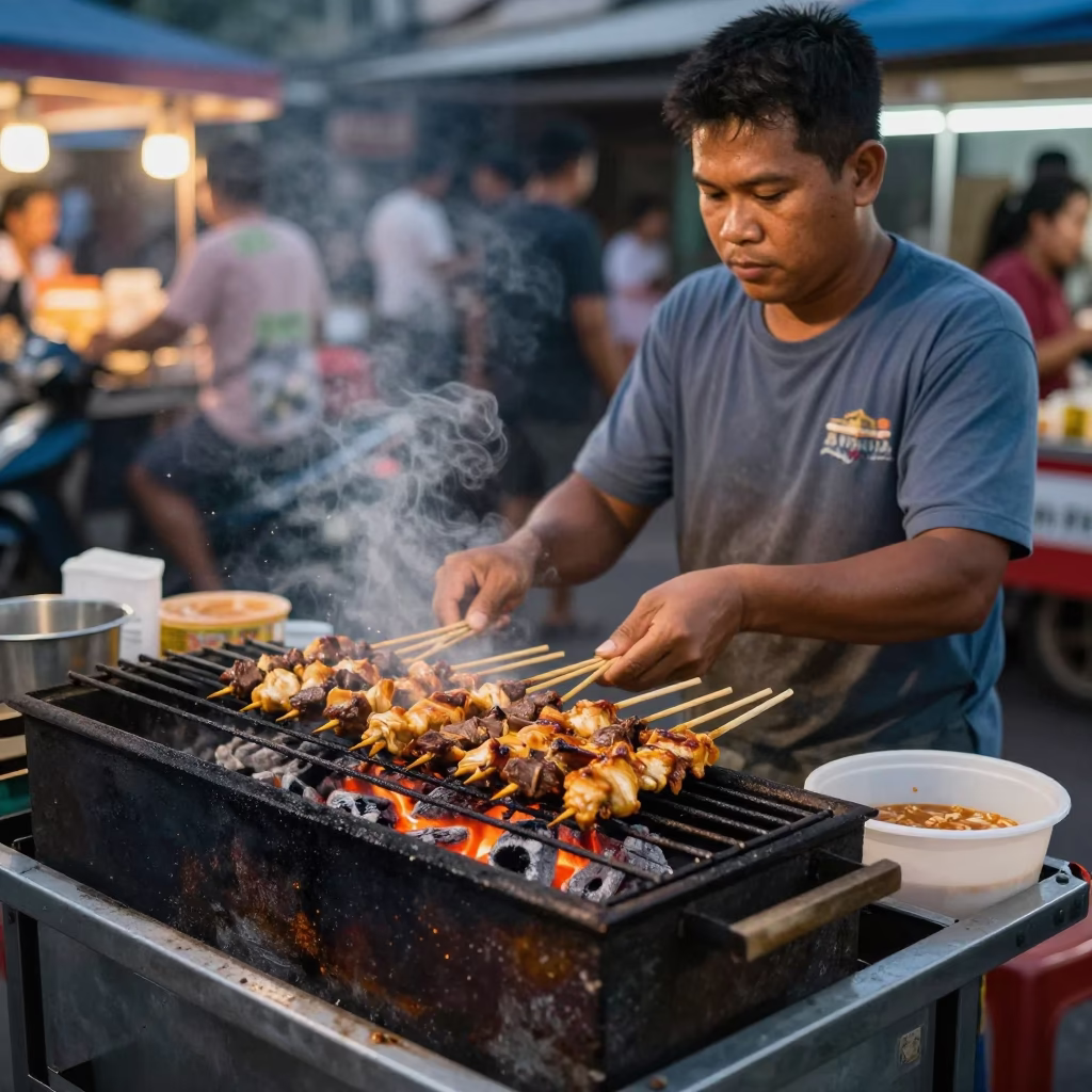 Street Vendor Grilling Satay Skewers on Charcoal in Phuket Thailand Evening Light in in Phuket, Thailand