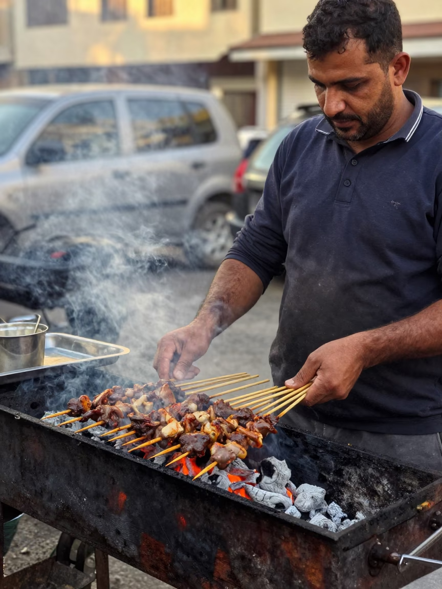 Street Vendor Grilling Sate Skewers Over Charcoal in Alexandria Egypt Early Afternoon in in Alexandria, Egypt