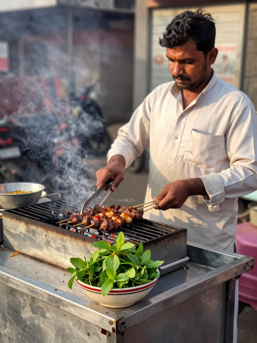 Street Vendor Grilling Spices with Mint and Tongs in Hyderabad Late Afternoon in in Hyderabad, India
