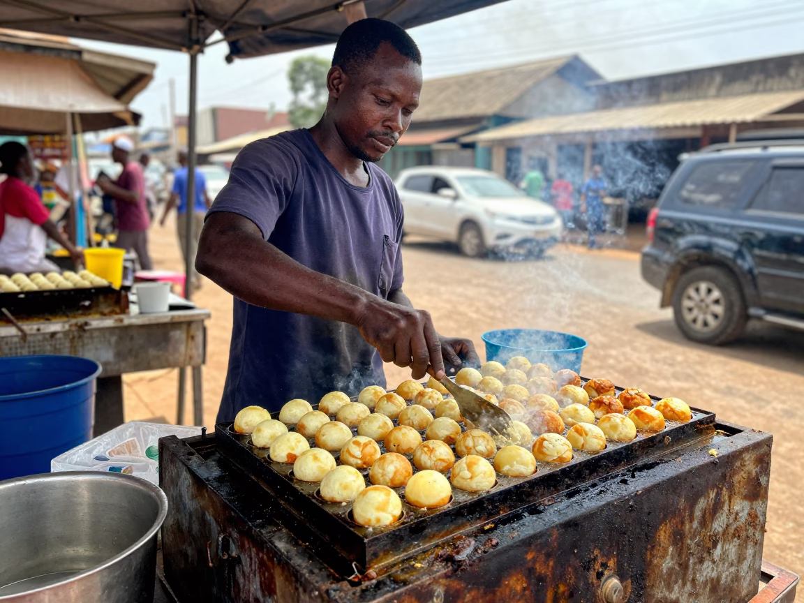 Street Vendor Grilling Takoyaki on Busy Accra Ghana Afternoon Street Scene in in Accra, Ghana