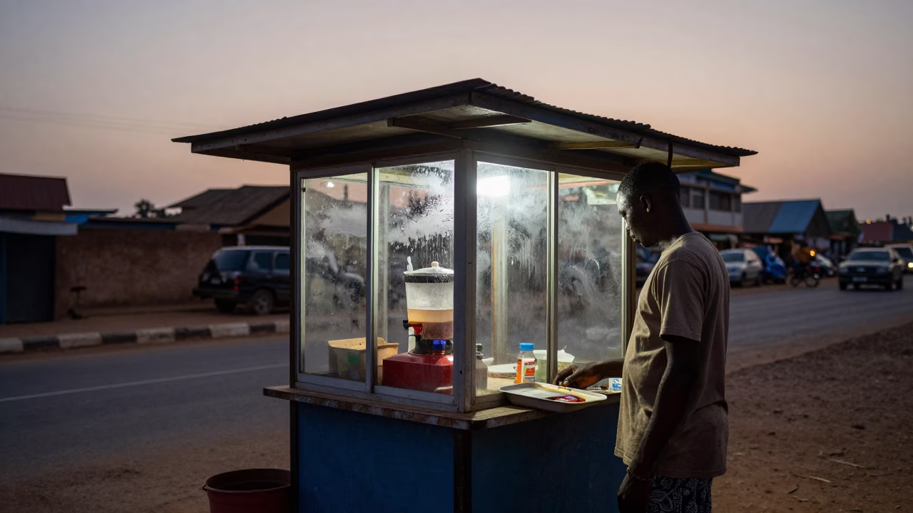 Street Vendor in Accra at The Still Hours Before Dawn Light in in Accra, Ghana