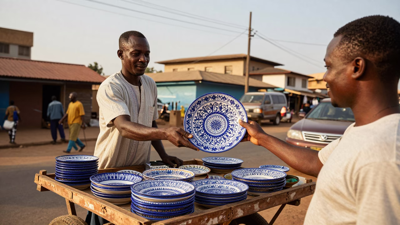 Street Vendor in Accra Ghana Late Afternoon with Vintage Majolica Plate and Seashells in in Accra, Ghana