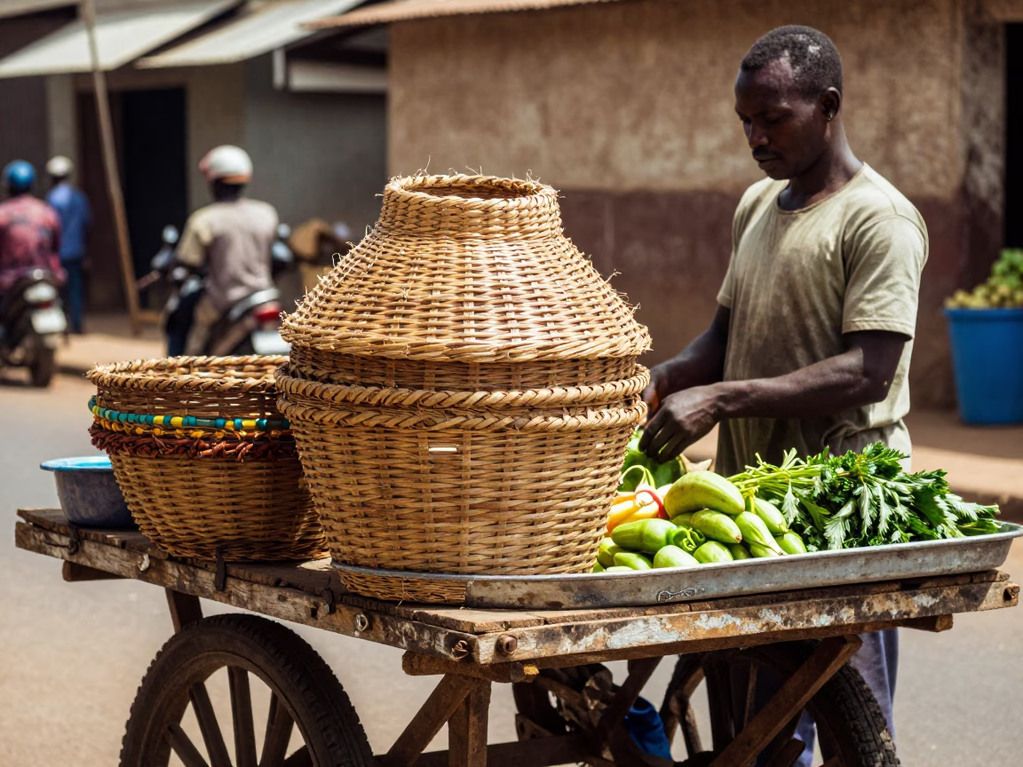 Street Vendor in Accra Ghana Midday Light Woven Basket Fibers Catching Sunlight in in Accra, Ghana
