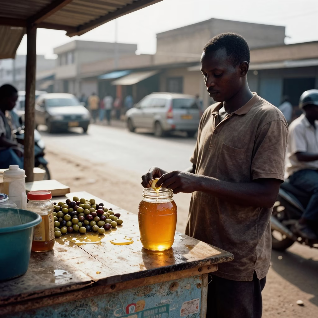Street Vendor in Accra Ghana Selling Honey and Olives in Late Morning Light in in Accra, Ghana