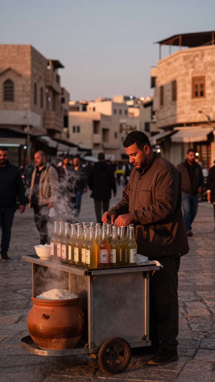 Street Vendor in Amman at Copper-toned Light Before Dusk in in Amman, Jordan