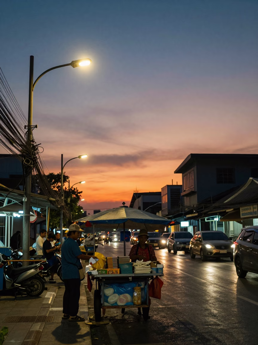 Street Vendor in Bangkok at As The Sun Drops Toward The Horizon in in Bangkok, Thailand