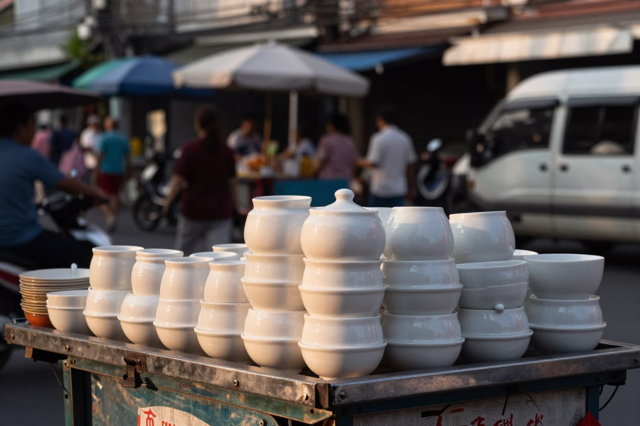 Street Vendor in Bangkok at First Light Of Dawn in in Bangkok, Thailand