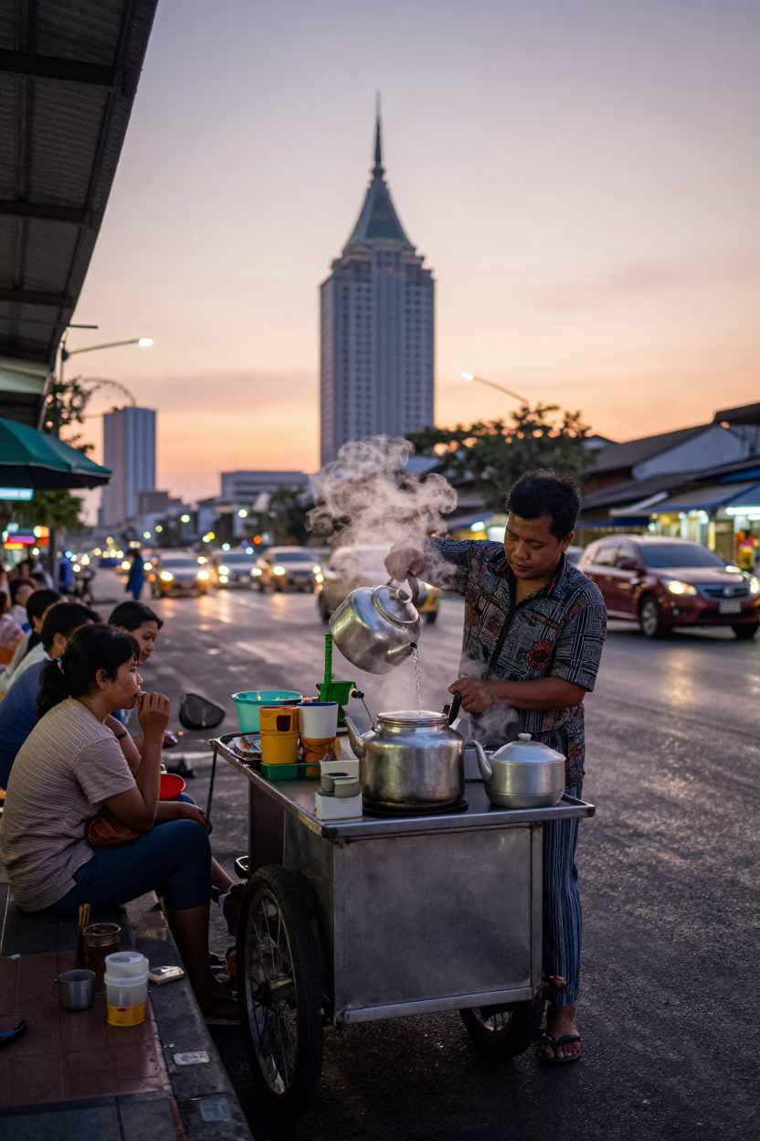 Street Vendor in Bangkok at Nautical Dawn Light in in Bangkok, Thailand