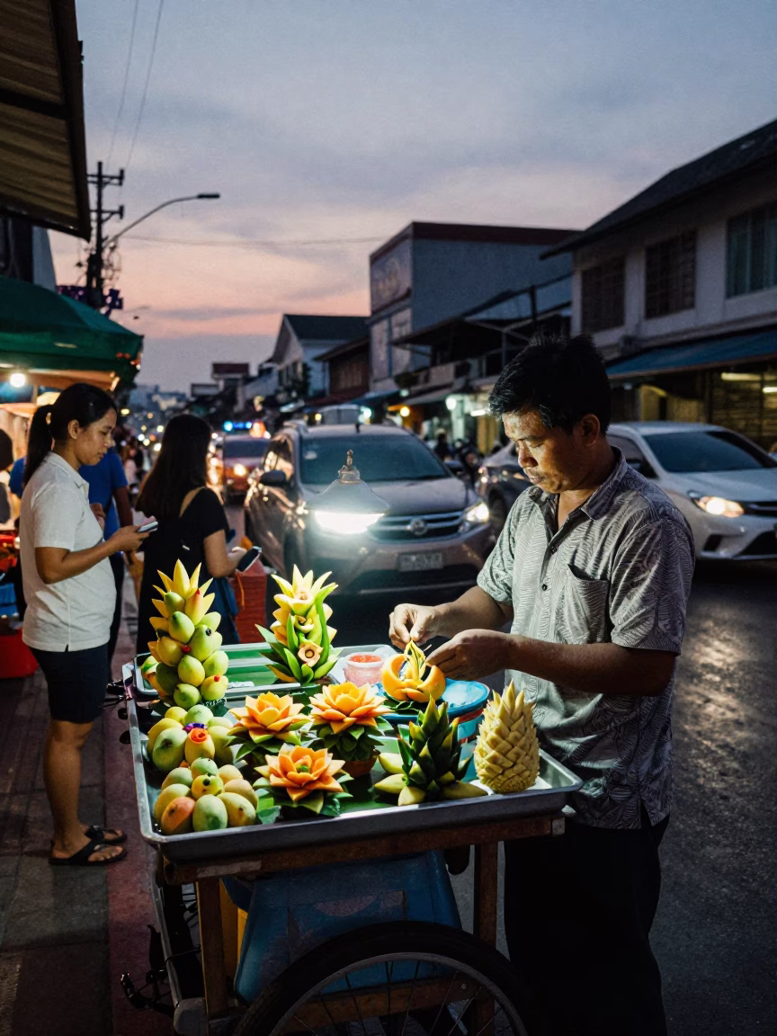 Street Vendor in Bangkok at Twilight in in Bangkok, Thailand