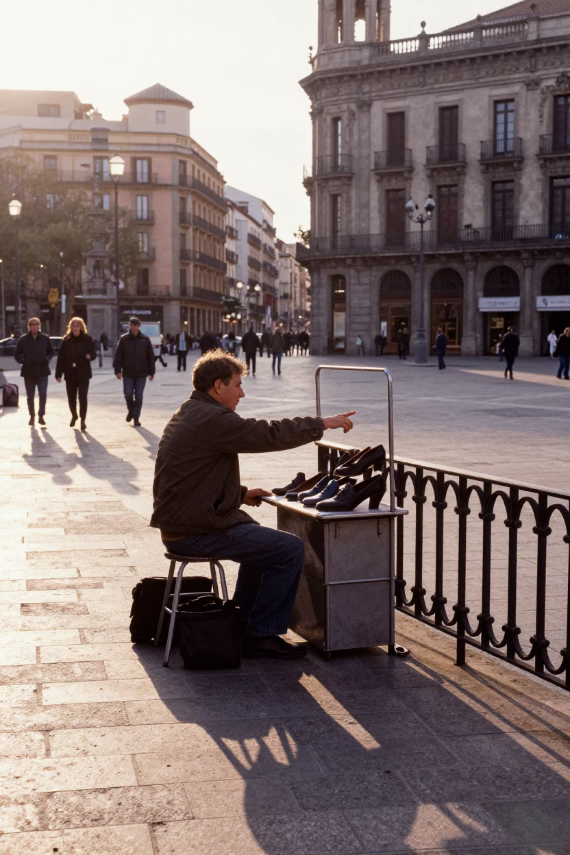 Street Vendor in Barcelona at As First Light Reaches The Scene in in Barcelona, Spain