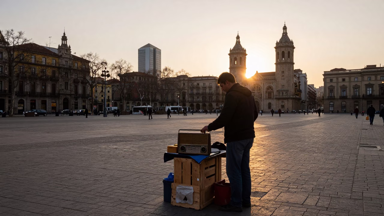Street Vendor in Barcelona at First Light Of Dawn in in Barcelona, Spain