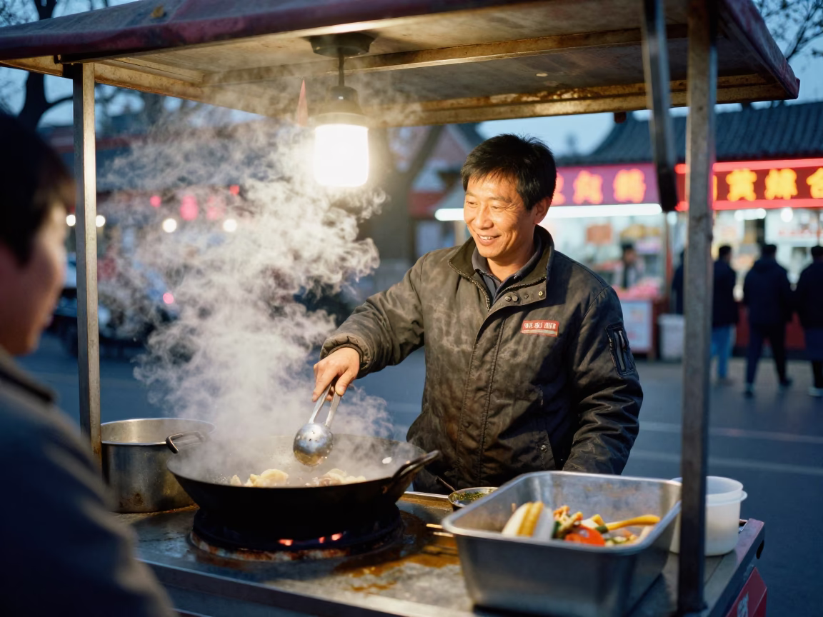 Street Vendor in Beijing at As City Lights Begin To Glow in in Beijing, China