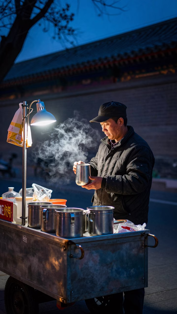 Street Vendor in Beijing at The Predawn Darkness Light in in Beijing, China