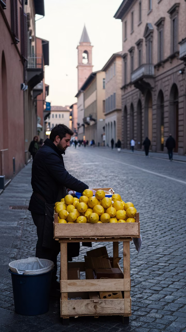 Street Vendor in Bologna at Sunrise Light in in Bologna, Italy