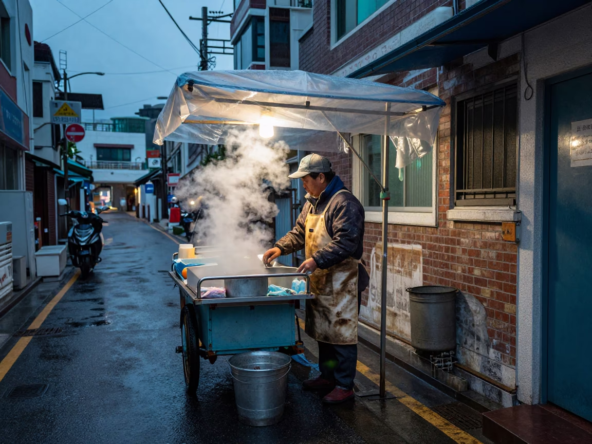 Street Vendor in Busan at Dusk Light in in Busan, South Korea