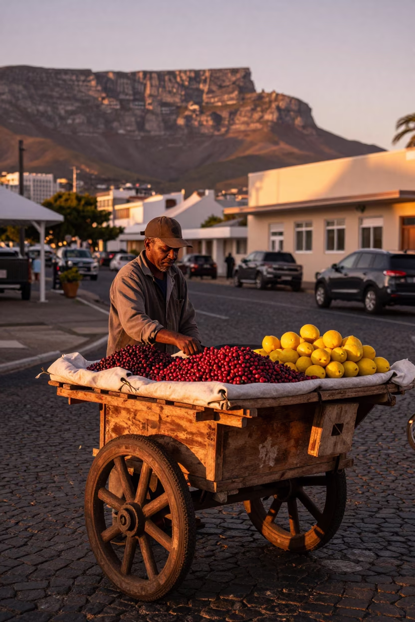 Street Vendor in Cape Town at Copper-toned Light Before Dusk in in Cape Town, South Africa