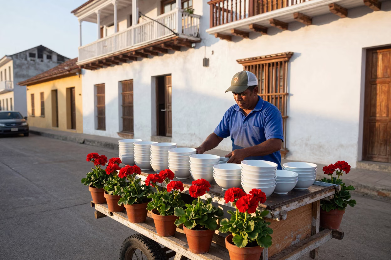 Street Vendor in Cartagena at The Early Morning Light in in Cartagena, Colombia