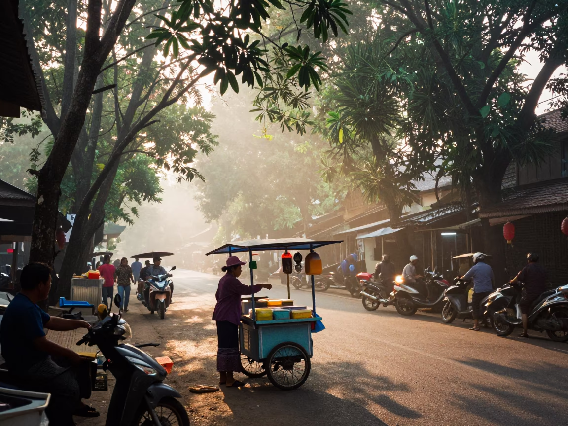 Street Vendor in Chiang Mai at As First Light Reaches The Scene in in Chiang Mai, Thailand