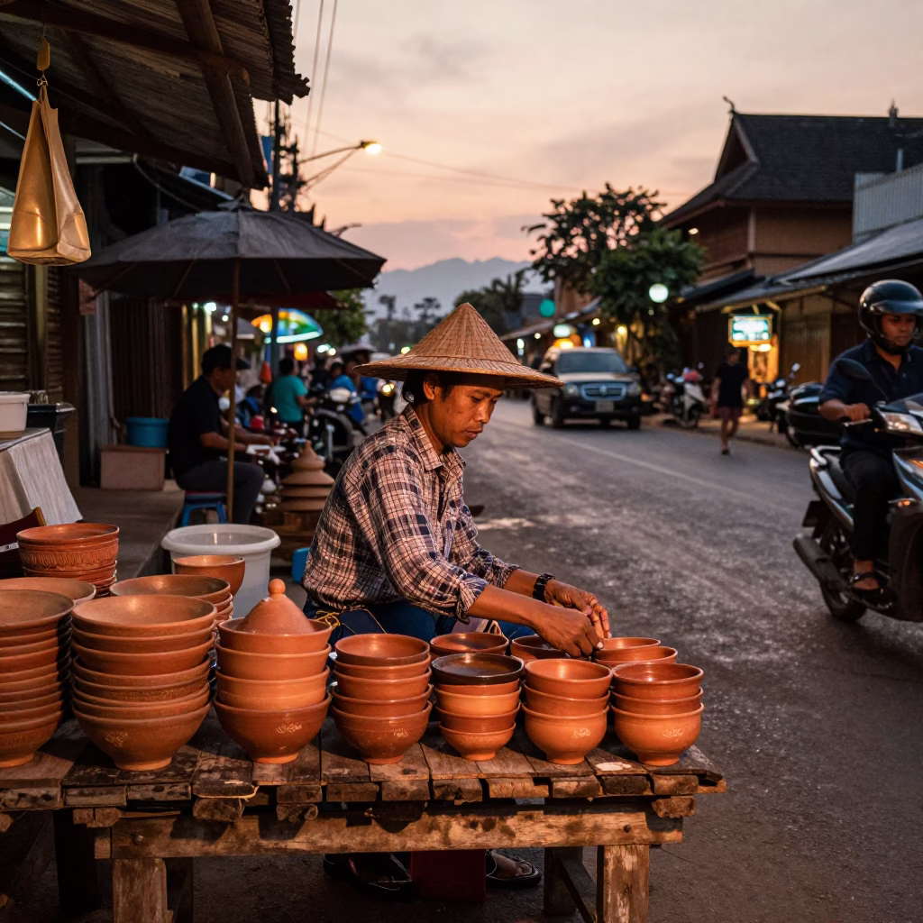 Street Vendor in Chiang Mai at Copper-toned Light Before Dusk in in Chiang Mai, Thailand
