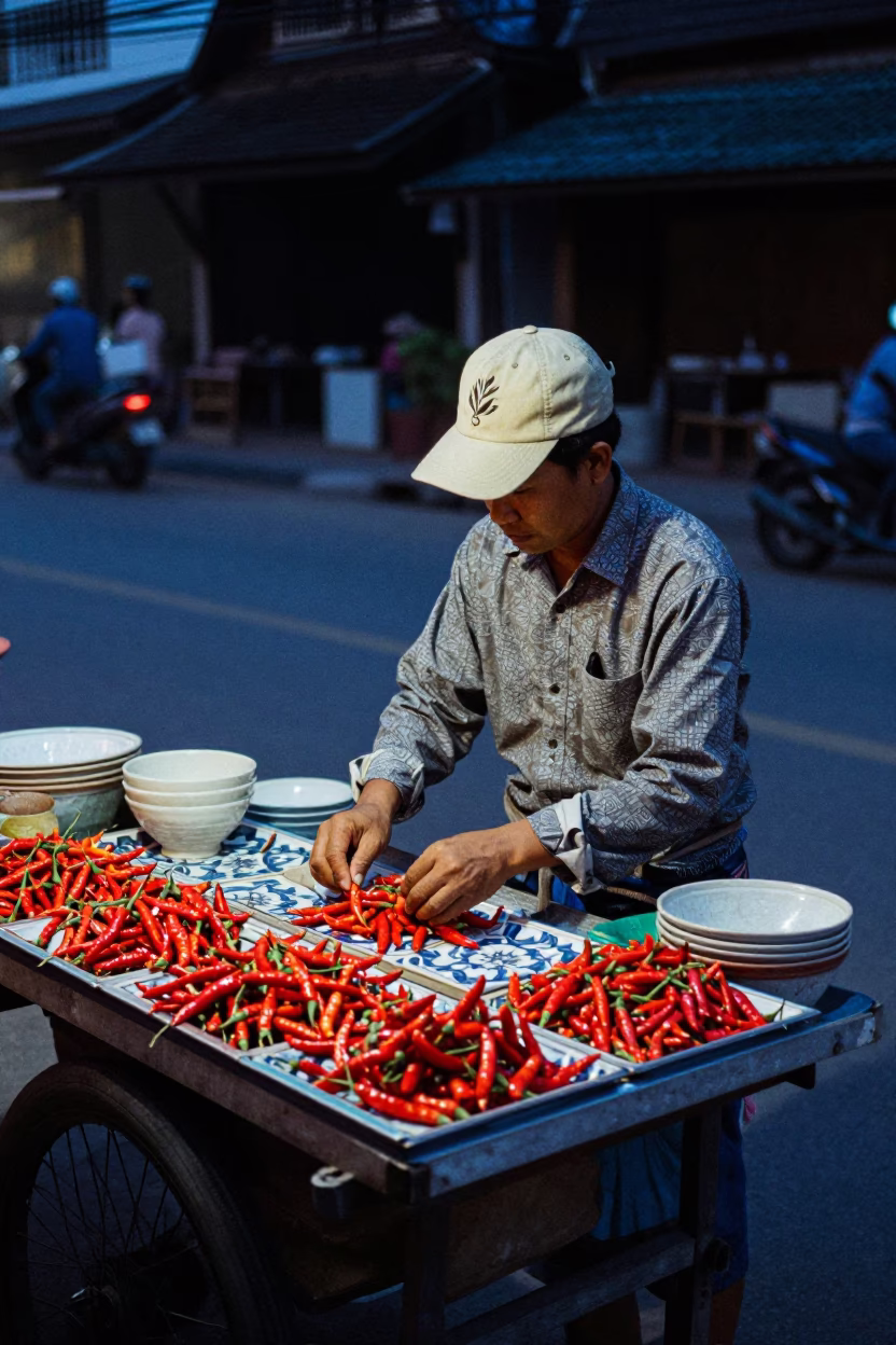 Street Vendor in Chiang Mai at The Predawn Darkness Light in in Chiang Mai, Thailand