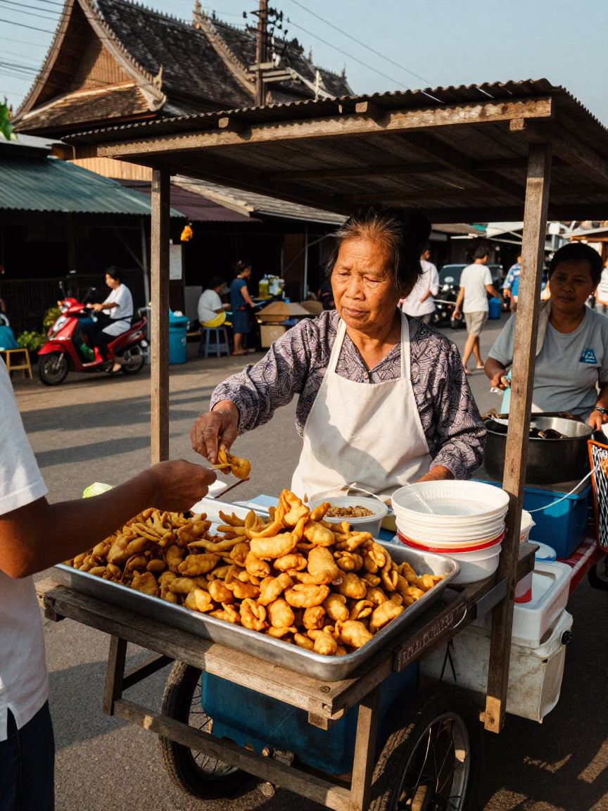 Street Vendor in Chiang Mai Thailand Selling Thai Street Food and Snacks to Customers in in Chiang Mai, Thailand