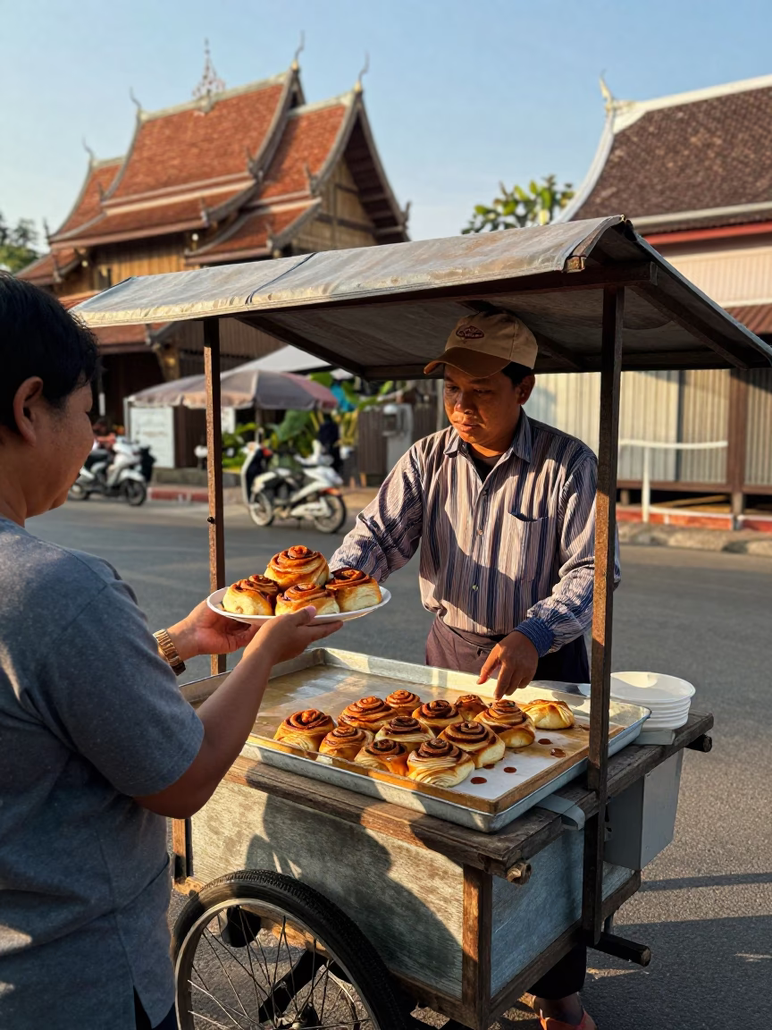Street Vendor in Chiang Mai Thailand Selling Traditional Cinnamon Rolls in Late Afternoon Sunlight in in Chiang Mai, Thailand