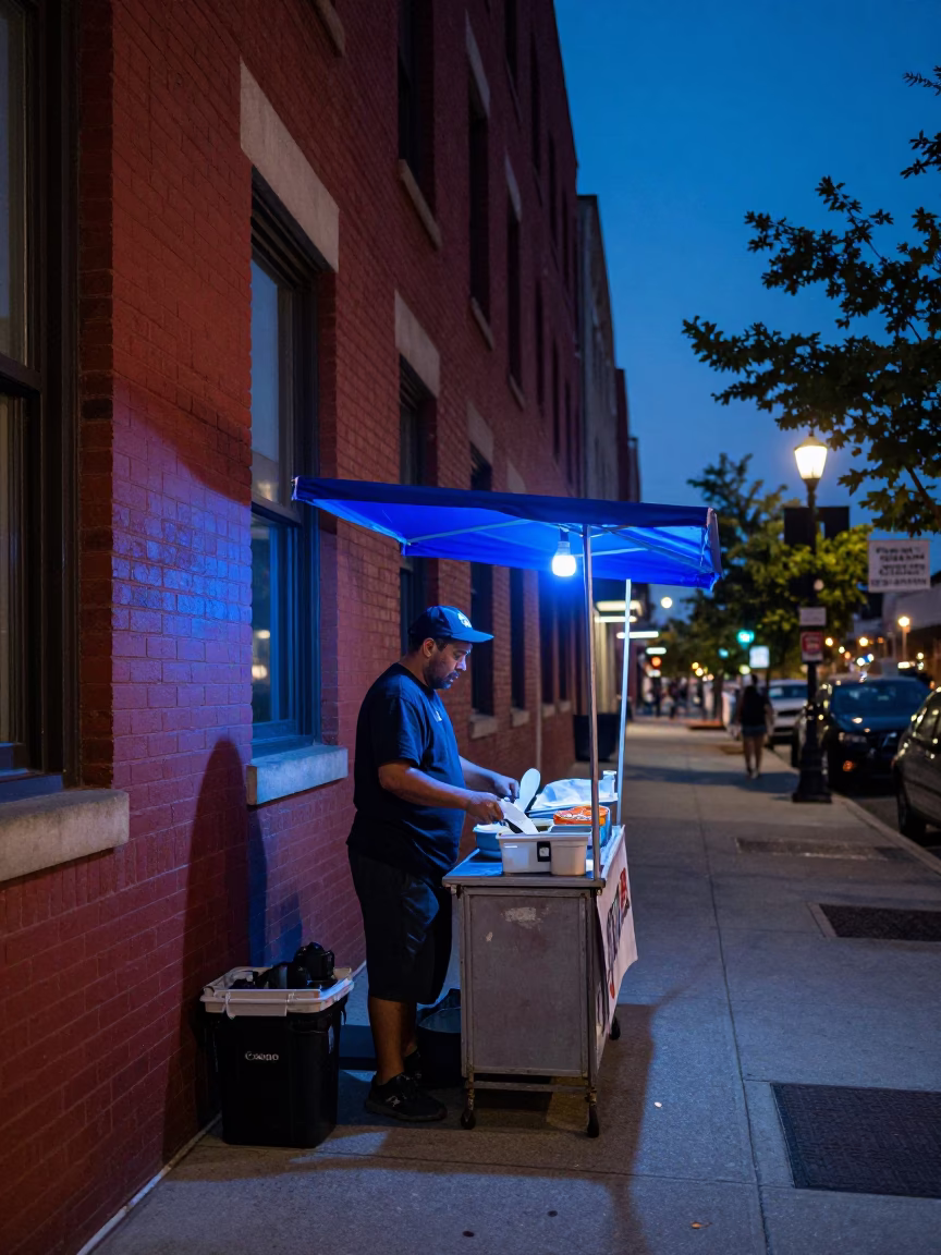 Street Vendor in Chicago at The Last Blue Light Of Evening in in Chicago, Illinois, United States