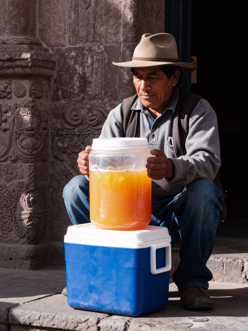 Street Vendor in Cusco Peru Early Afternoon With Cooler Jug and Local Interaction in in Cusco, Peru