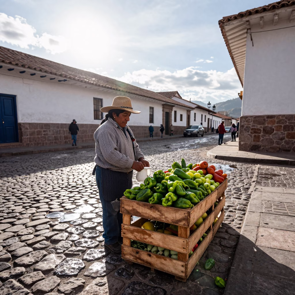 Street Vendor in Cusco Peru Selling Fresh Fruit and Vegetables in Late Morning Light in in Cusco, Peru