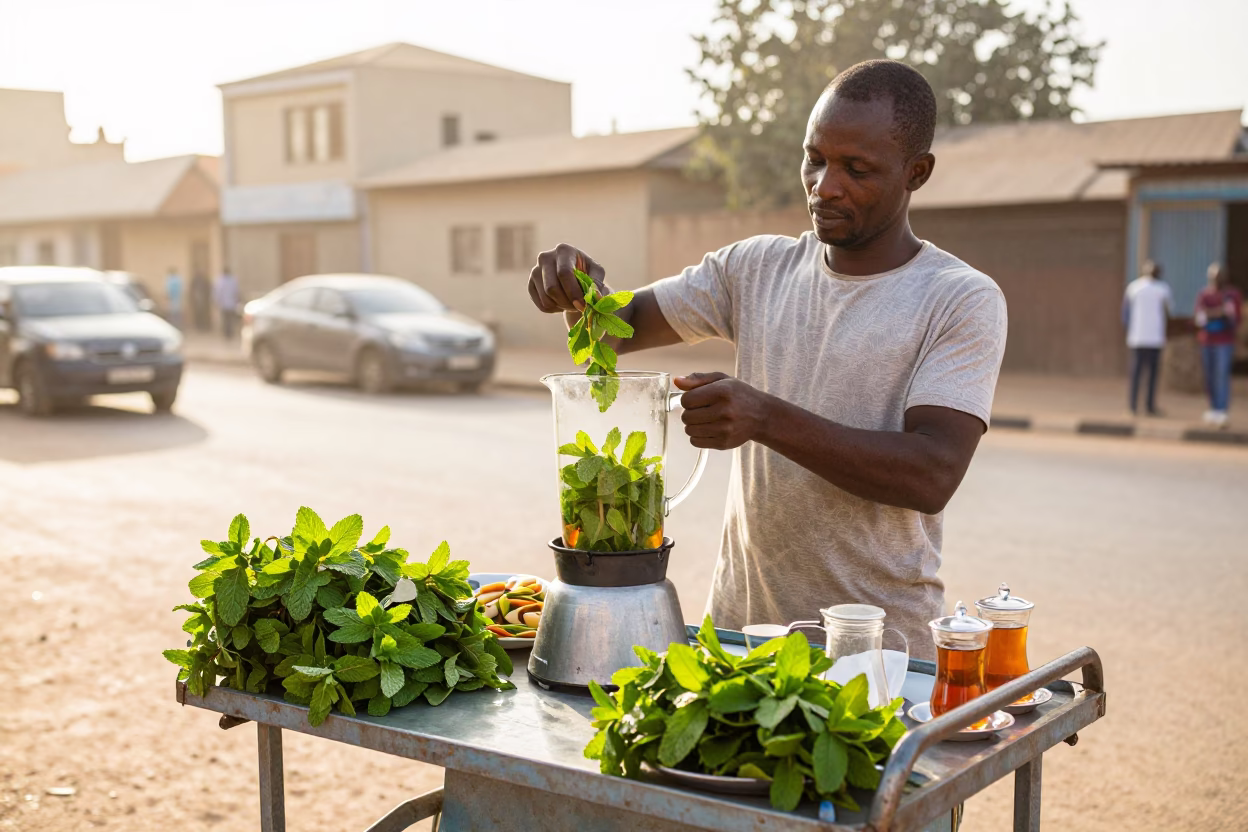 Street Vendor in Dakar Senegal Selling Mint Leaves and Tea After Sunrise in in Dakar, Senegal