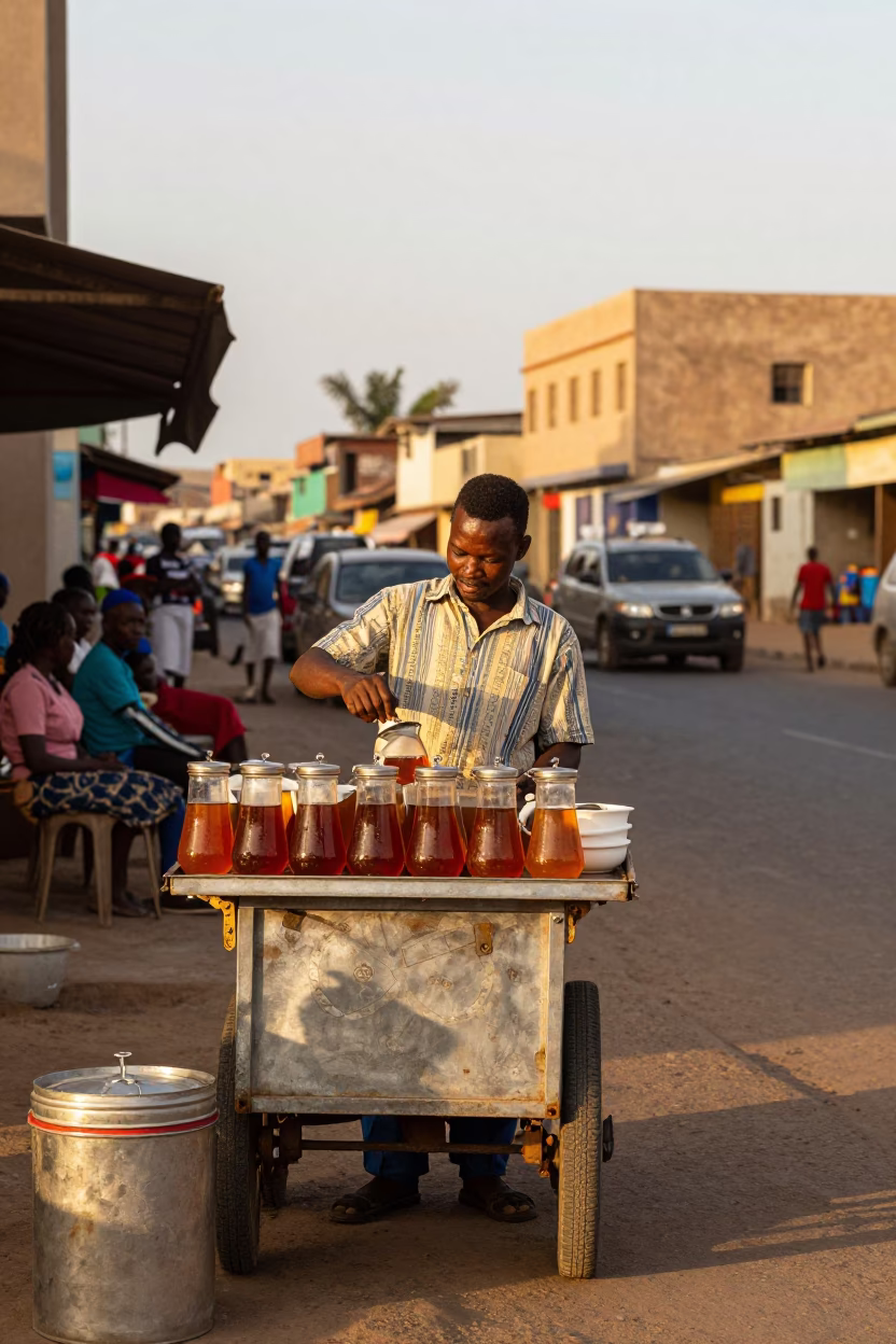 Street Vendor in Dakar Senegal Serving Hot Tea in Honeyed Evening Light in in Dakar, Senegal