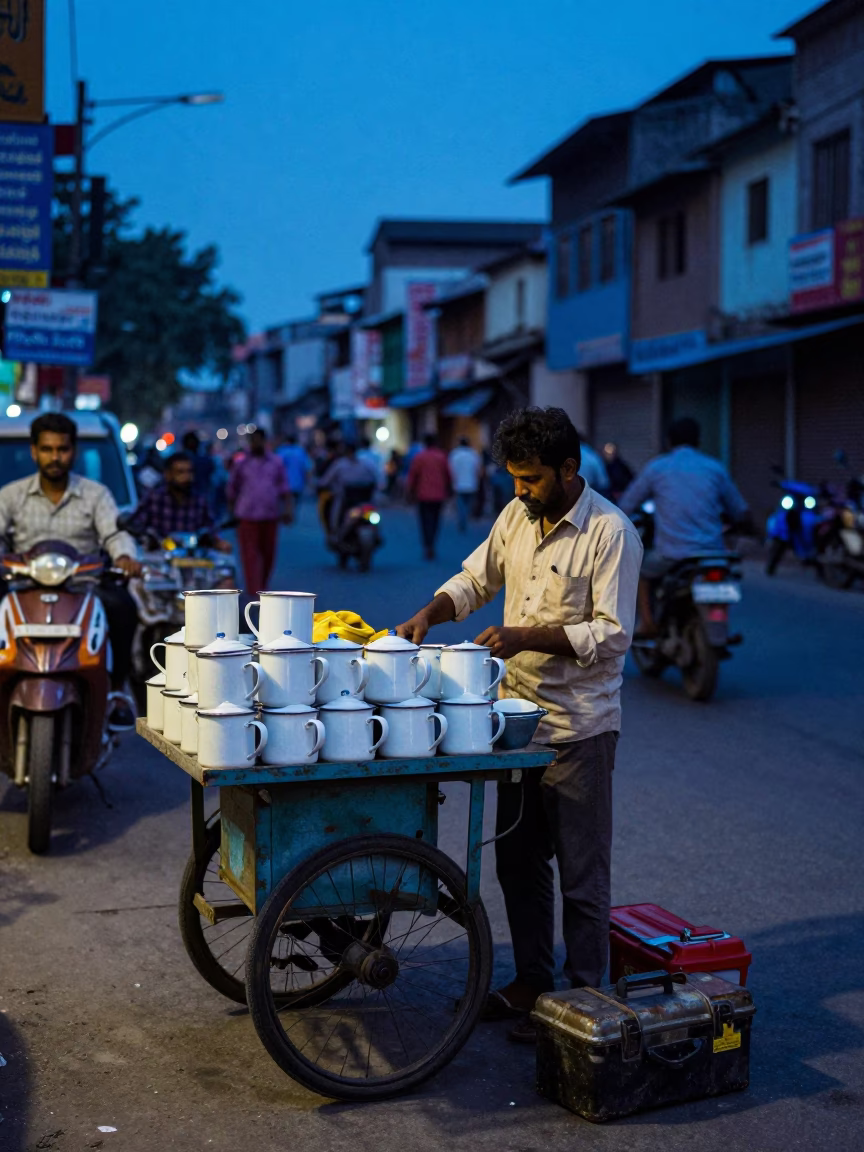 Street Vendor in Delhi at Blue Hour in in Delhi, India