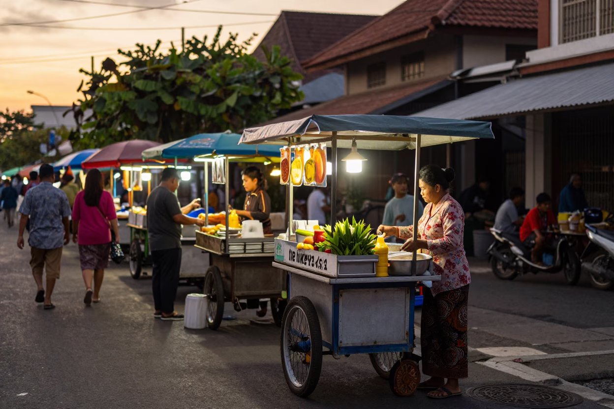Street Vendor in Denpasar at Sunset Light in in Denpasar, Indonesia
