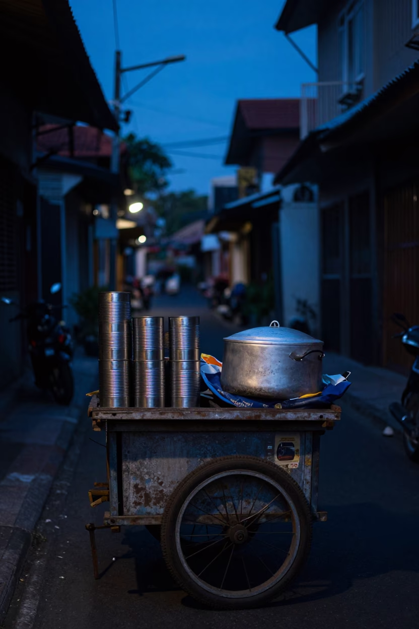Street Vendor in Denpasar at The Predawn Darkness Light in in Denpasar, Indonesia