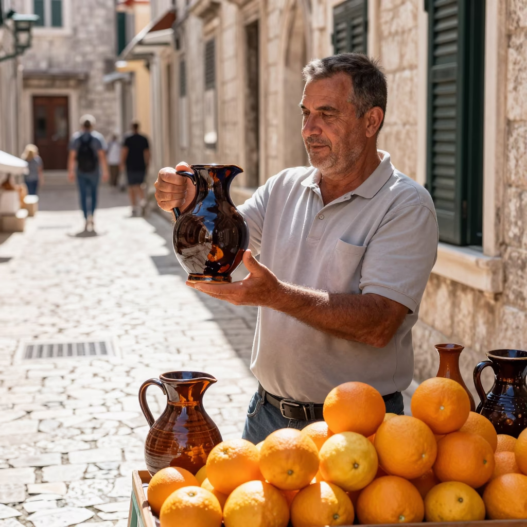 Street Vendor in Dubrovnik Croatia Selling Ceramic Pitcher and Citrus in Bright Midmorning Light in in Dubrovnik, Croatia