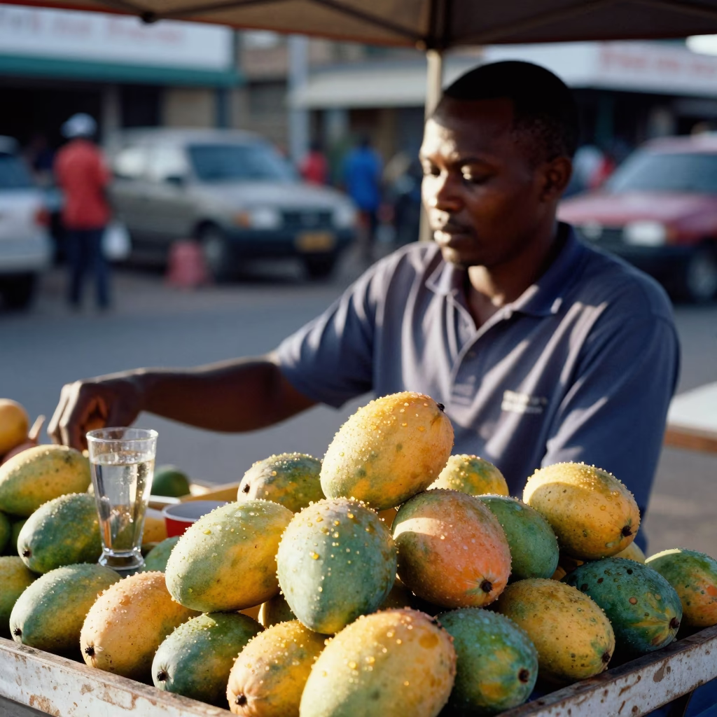 Street Vendor in Durban South Africa Early Afternoon Fresh Fruit and Glass Jars in in Durban, South Africa
