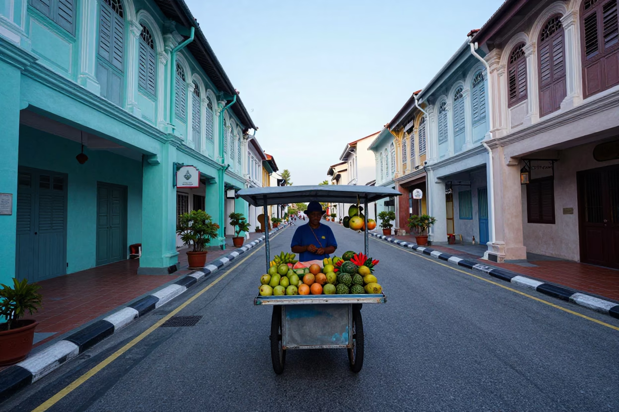 Street Vendor in George Town at Early Morning Light in in George Town, Malaysia