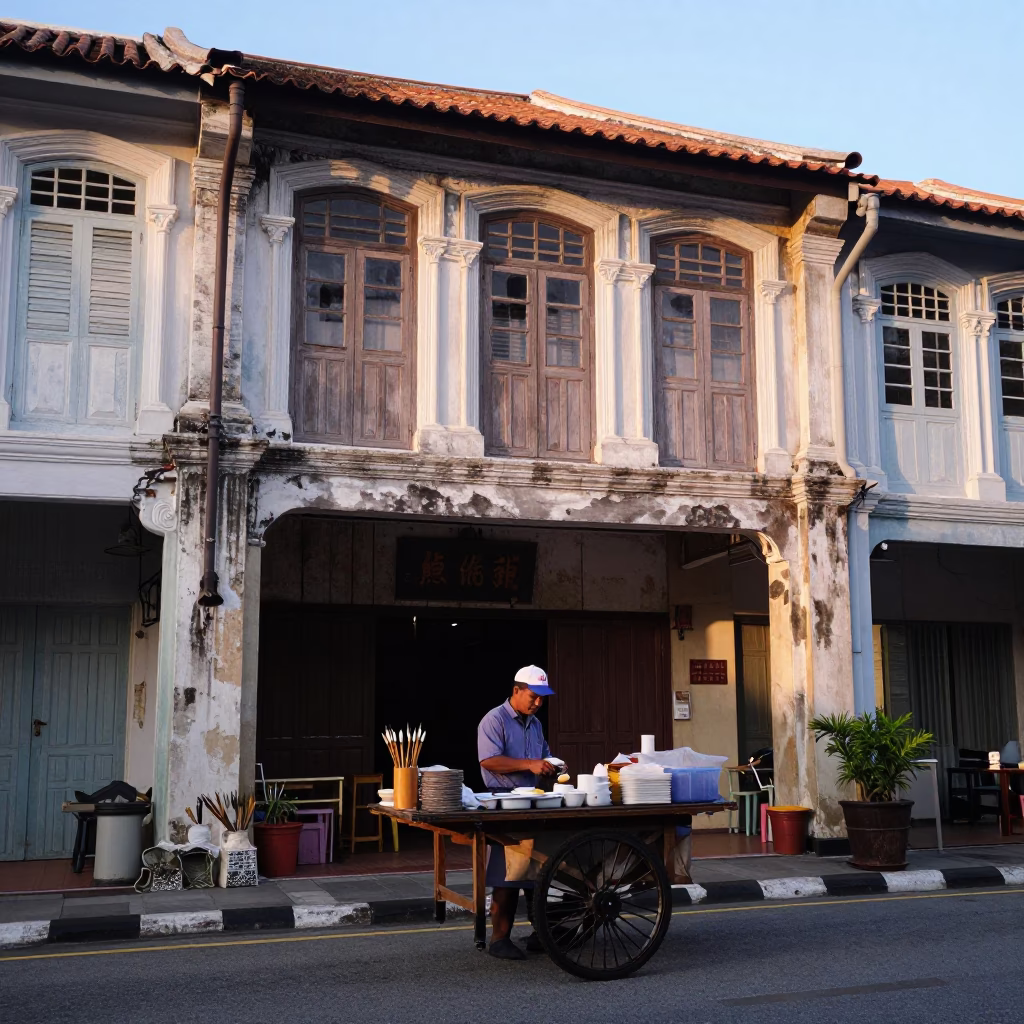 Street Vendor in George Town at First Light Of Dawn in in George Town, Malaysia